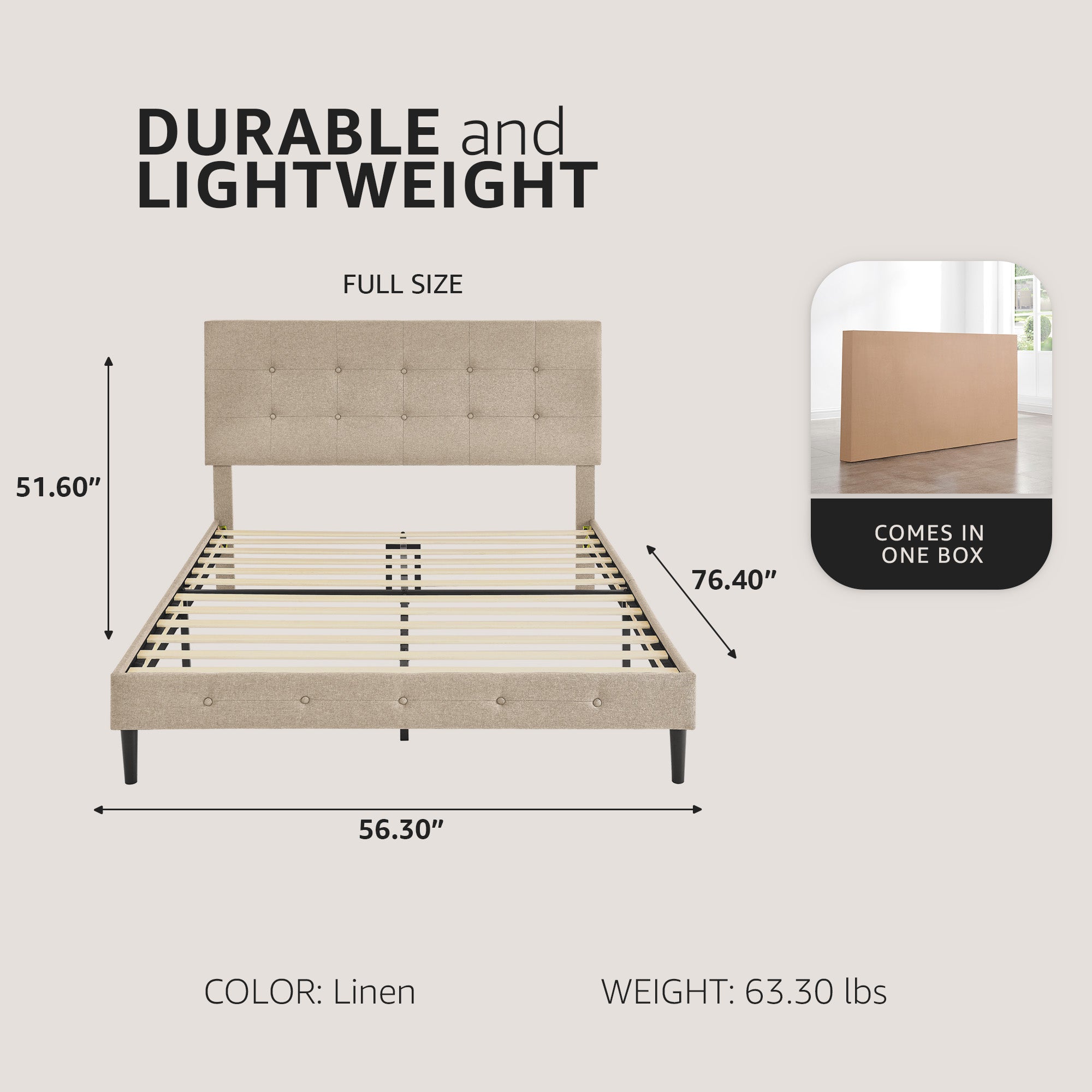 DeCoro Cambridge Upholstered Wooden Platform Bed Frame, Full, Linen (Open Box)