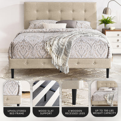 DeCoro Cambridge Upholstered Wooden Platform Bed Frame w/Headboard, Full, Linen - VMInnovations