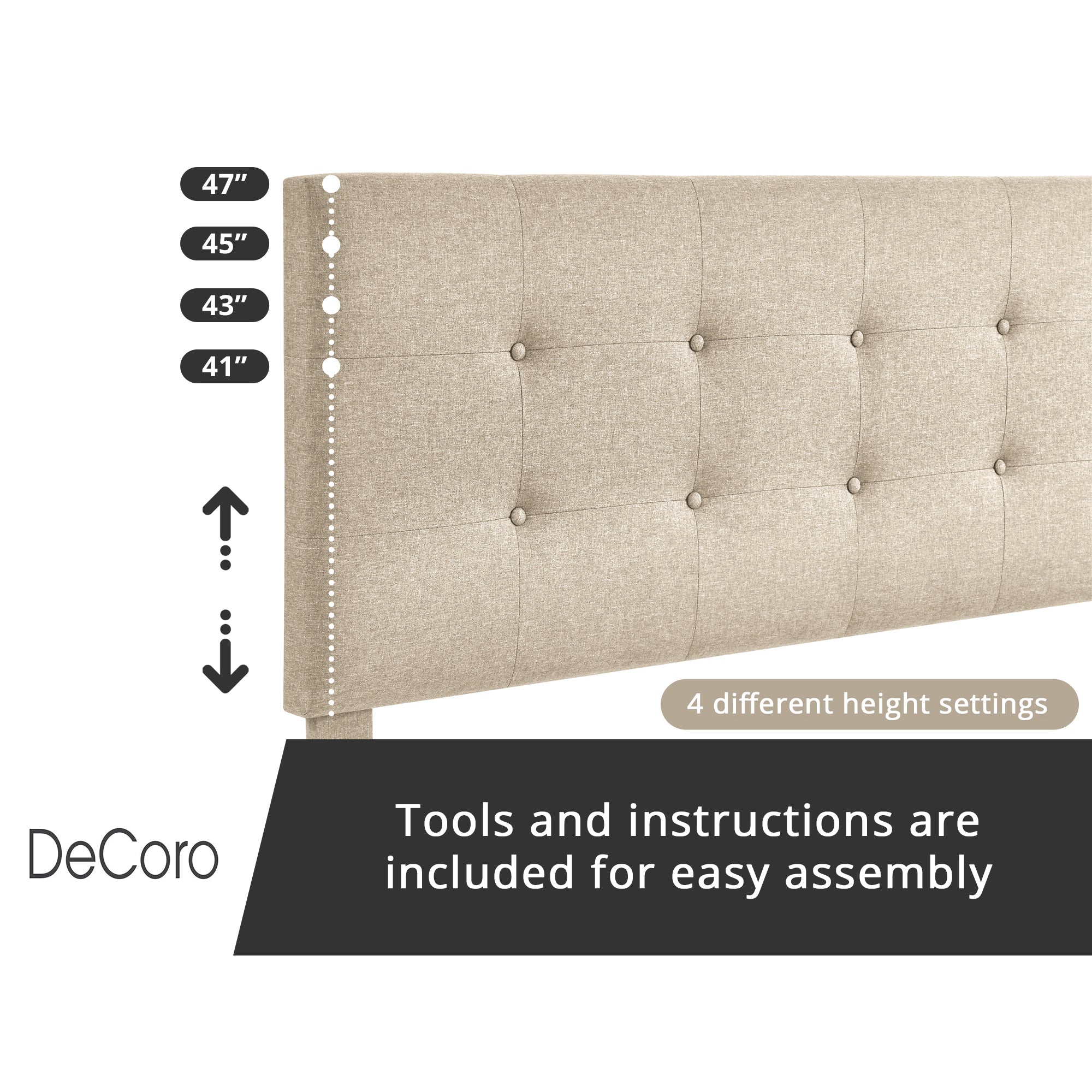 DeCoro Cambridge Upholstered Wooden Platform Bed Frame w/Headboard, Queen, Linen - VMInnovations