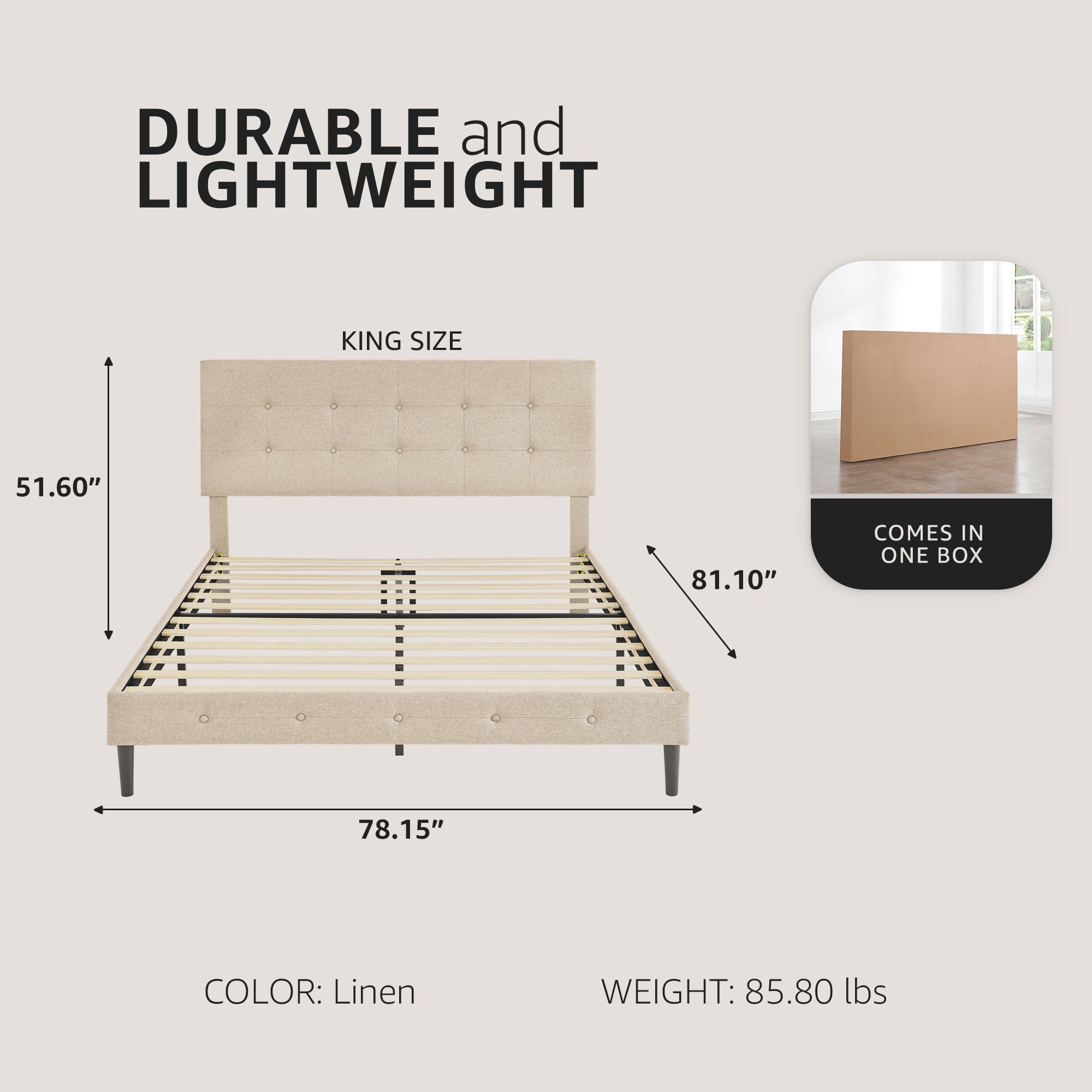 DeCoro Cambridge Upholstered Wooden Platform Bed Frame w/Headboard, King, Linen - VMInnovations