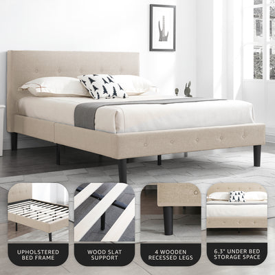 DeCoro Cambridge Upholstered Wooden Platform Bed Frame w/Headboard, King, Linen - VMInnovations