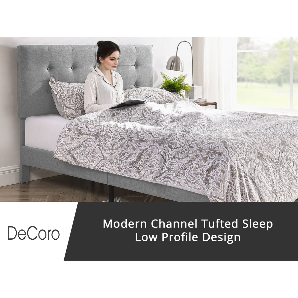 DeCoro Cambridge Upholstered Wooden Platform Bed Frame w/Headboard (Open Box) - VMInnovations