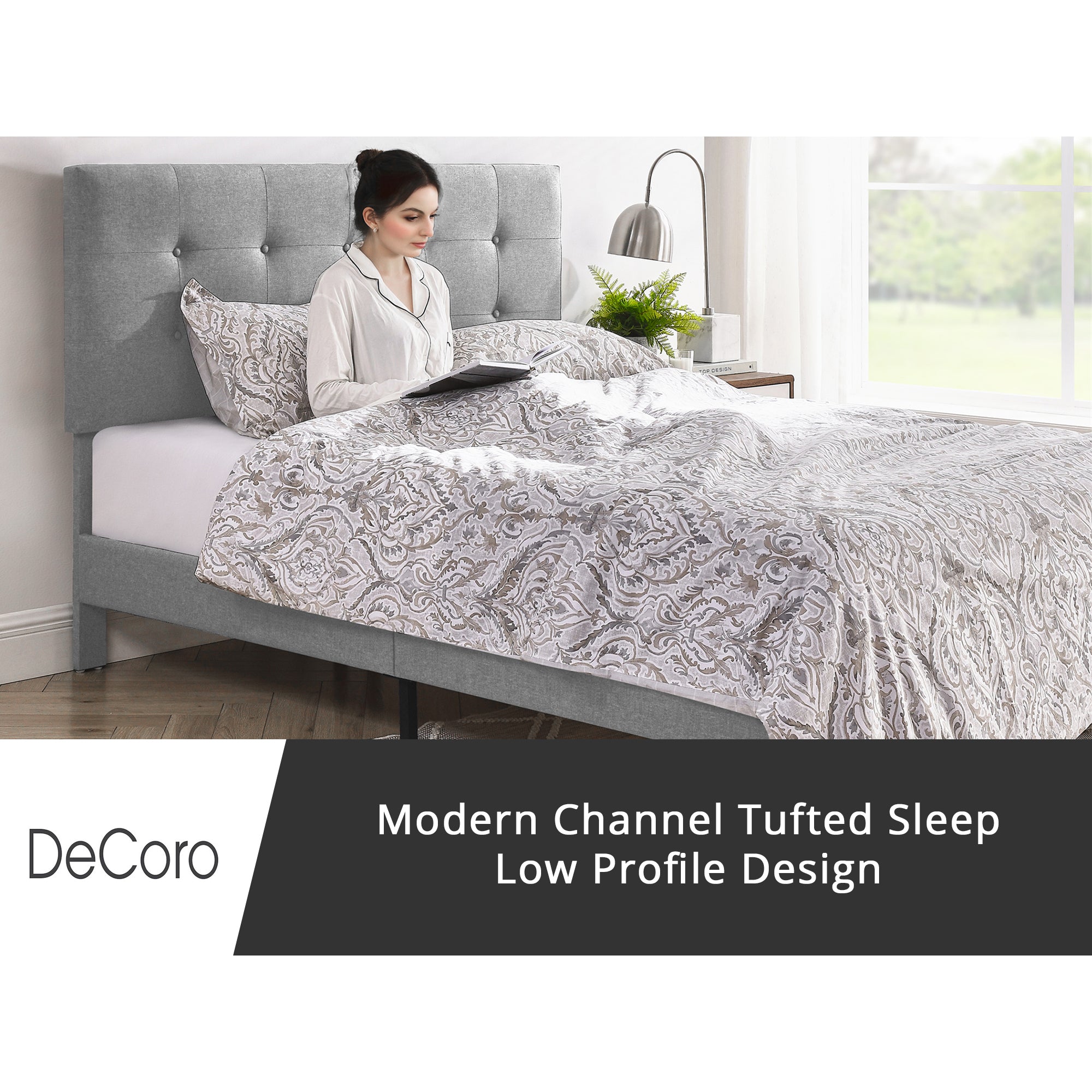 DeCoro Cambridge Upholstered Wooden Platform Bed Frame w/Headboard (Open Box)