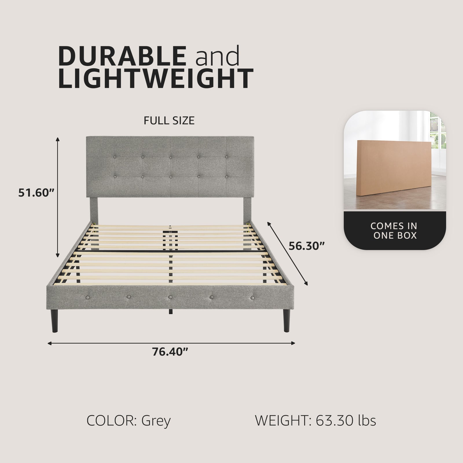 DeCoro Cambridge Upholstered Wooden Platform Bed Frame w/Headboard, Full, Gray - VMInnovations