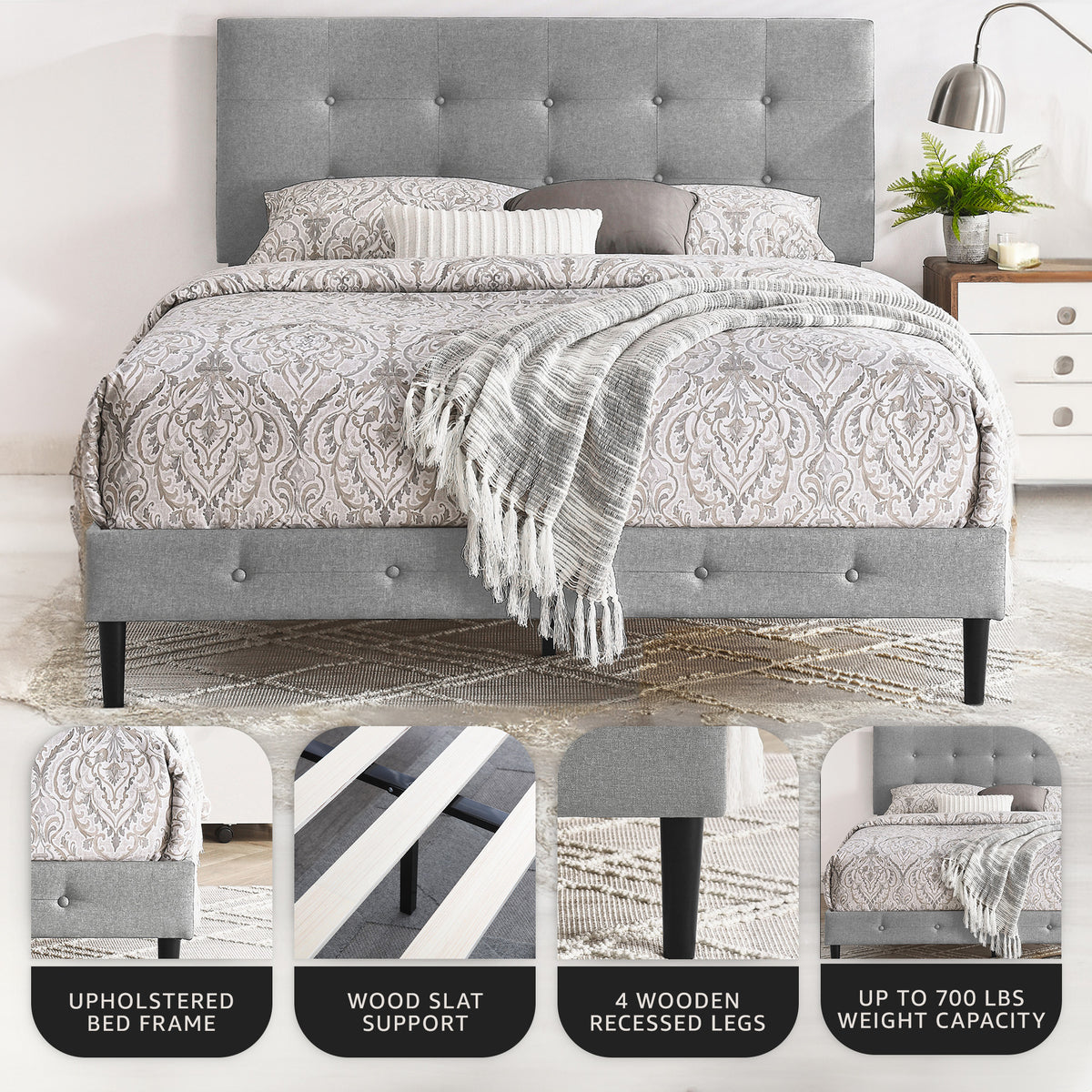 DeCoro Cambridge Upholstered Wooden Platform Bed Frame w/Headboard (Open Box) - VMInnovations