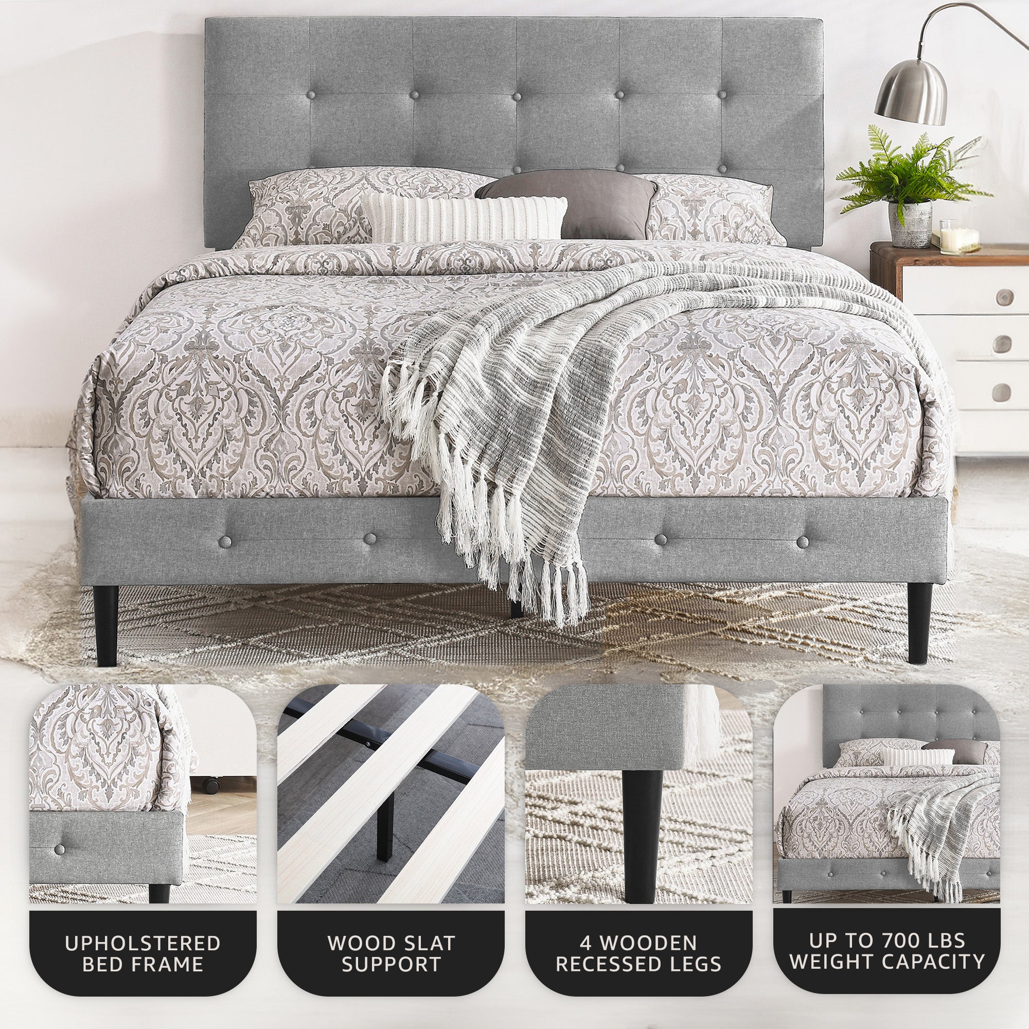 DeCoro Cambridge Upholstered Wooden Platform Bed Frame w/Headboard (Open Box) - VMInnovations