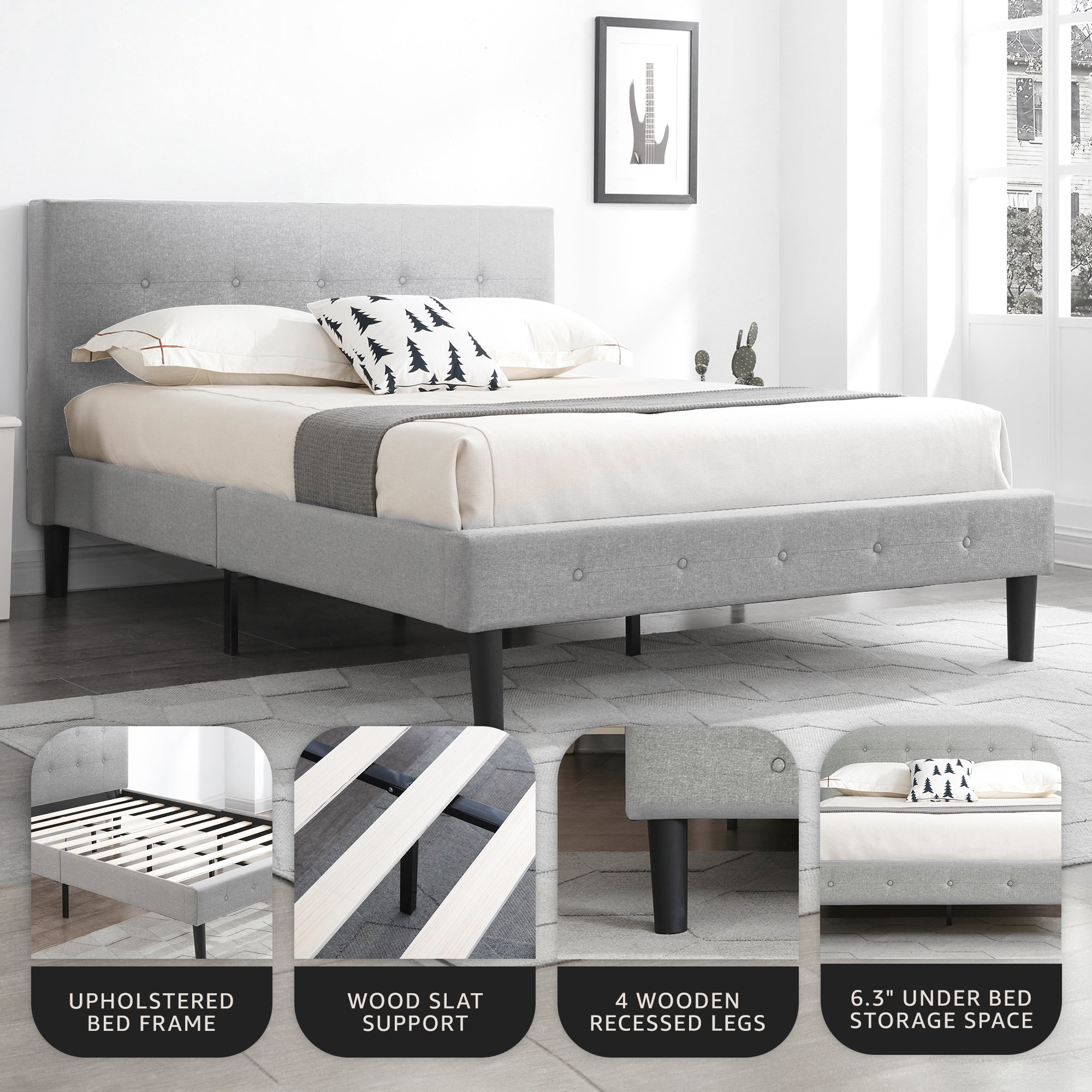 DeCoro Cambridge Upholstered Wooden Platform Bed Frame with Headboard (Open Box)