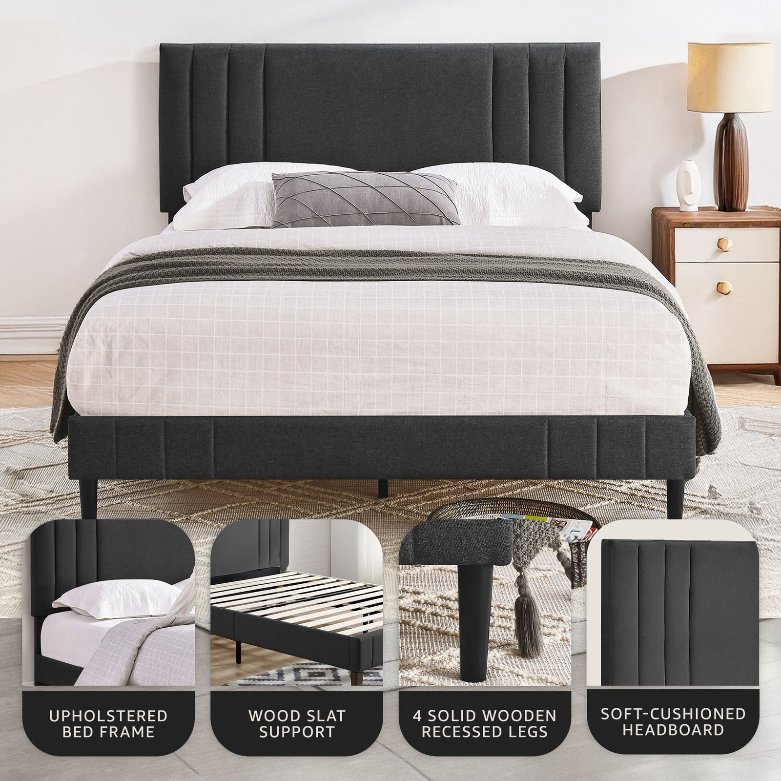 DeCoro Chicago Modern Tufted Upholstered Platform Full Size Bed Frame, Dark Grey - VMInnovations