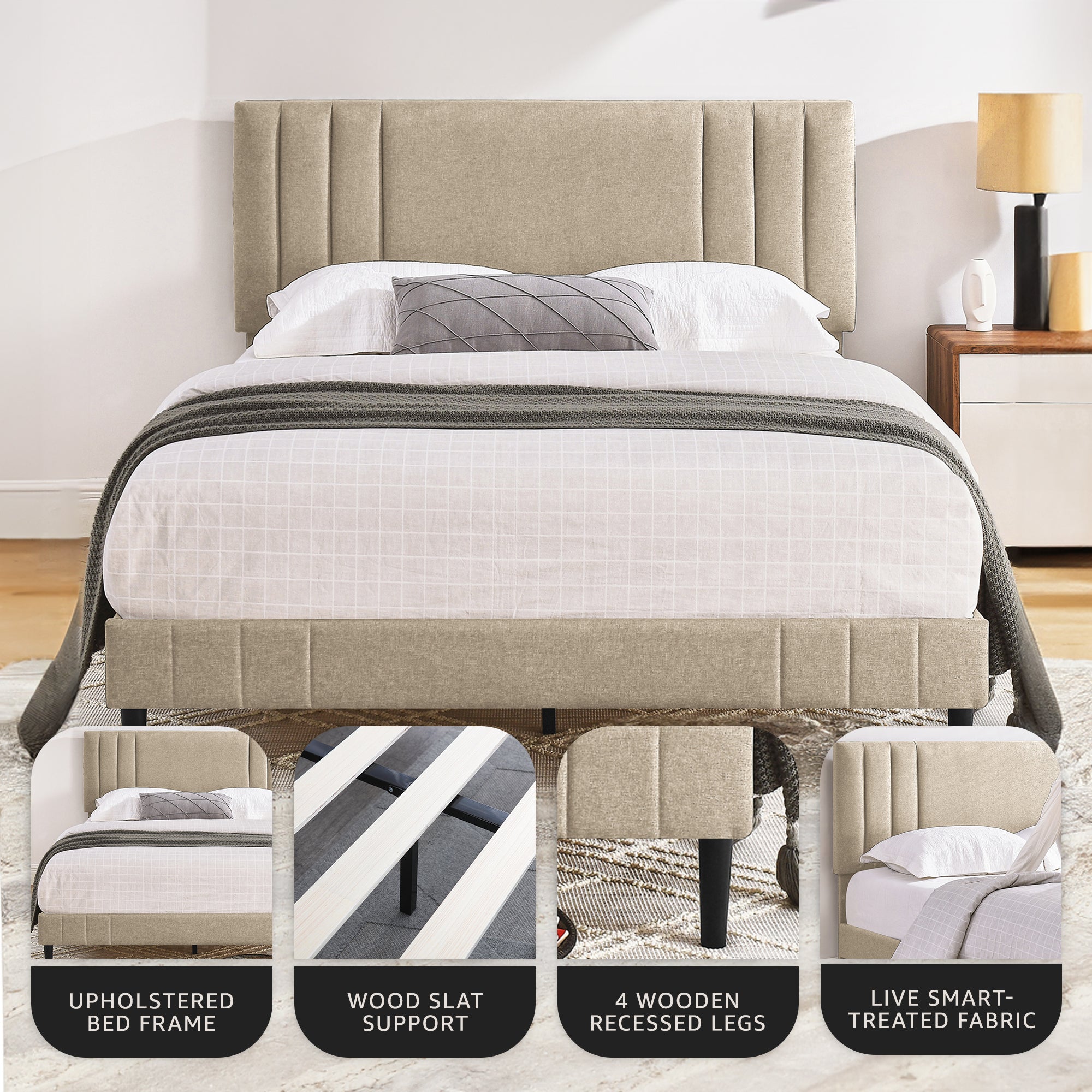 DeCoro Chicago Modern Tufted Upholstered Platform Queen Size Bed, Linen - VMInnovations