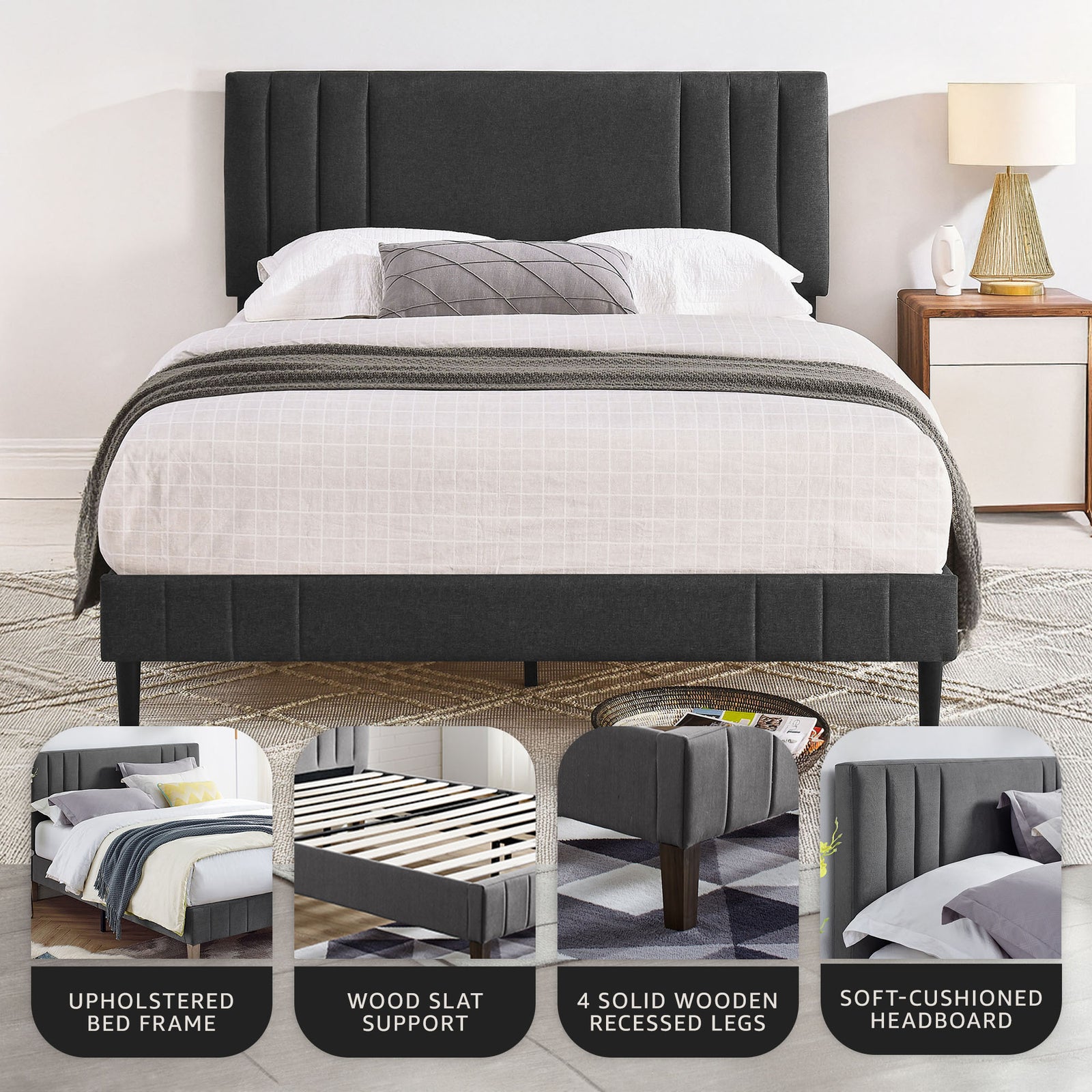 DeCoro Chicago Modern Tufted Upholstered Platform King Size Bed Frame, Dark Grey - VMInnovations