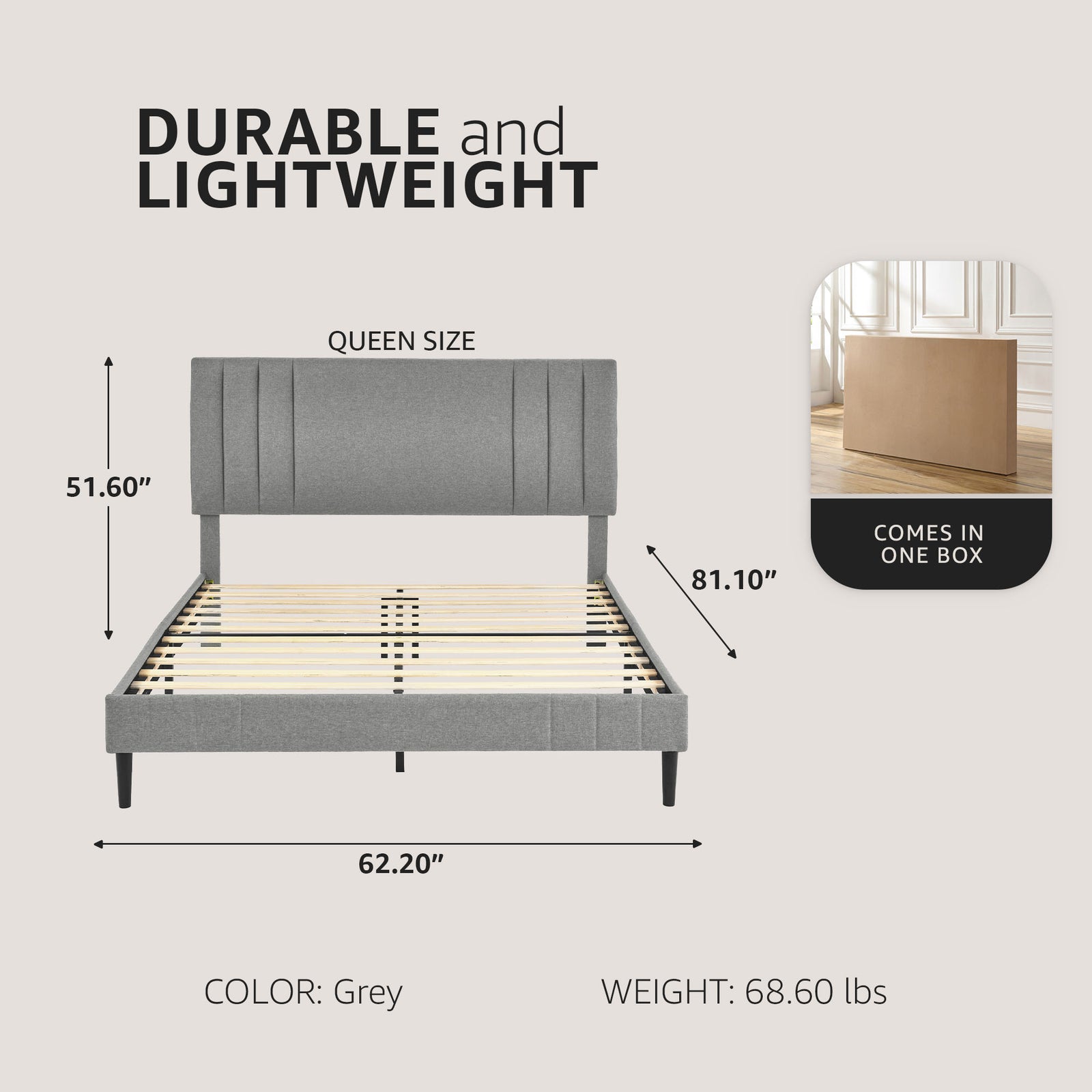 DeCoro Chicago Modern Tufted Upholstered Platform Queen Size Bed Frame, Grey - VMInnovations