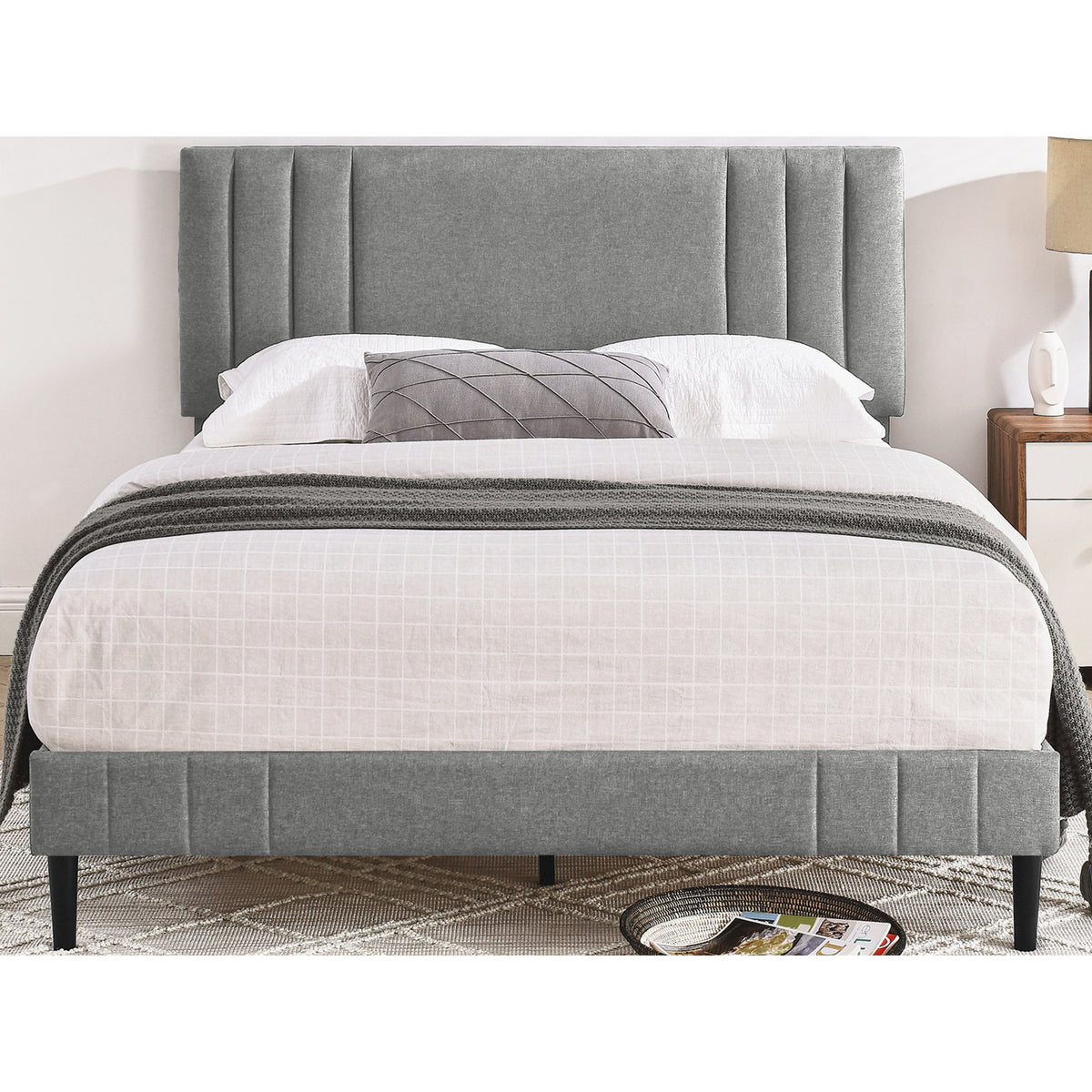 DeCoro Chicago Modern Upholstered Platform King Size Bed Frame, Grey (Open Box)