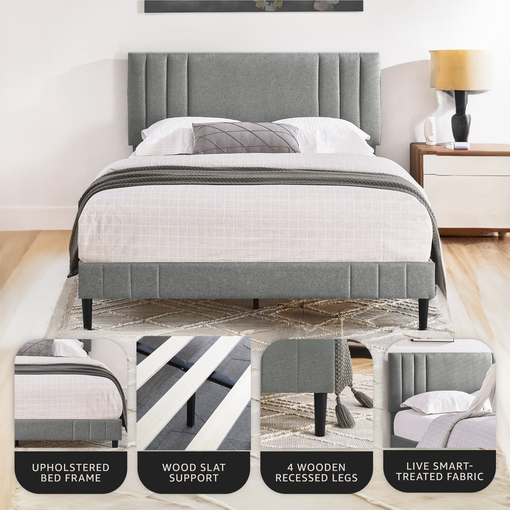 DeCoro Chicago Modern Upholstered Platform King Size Bed Frame, Grey (Open Box)