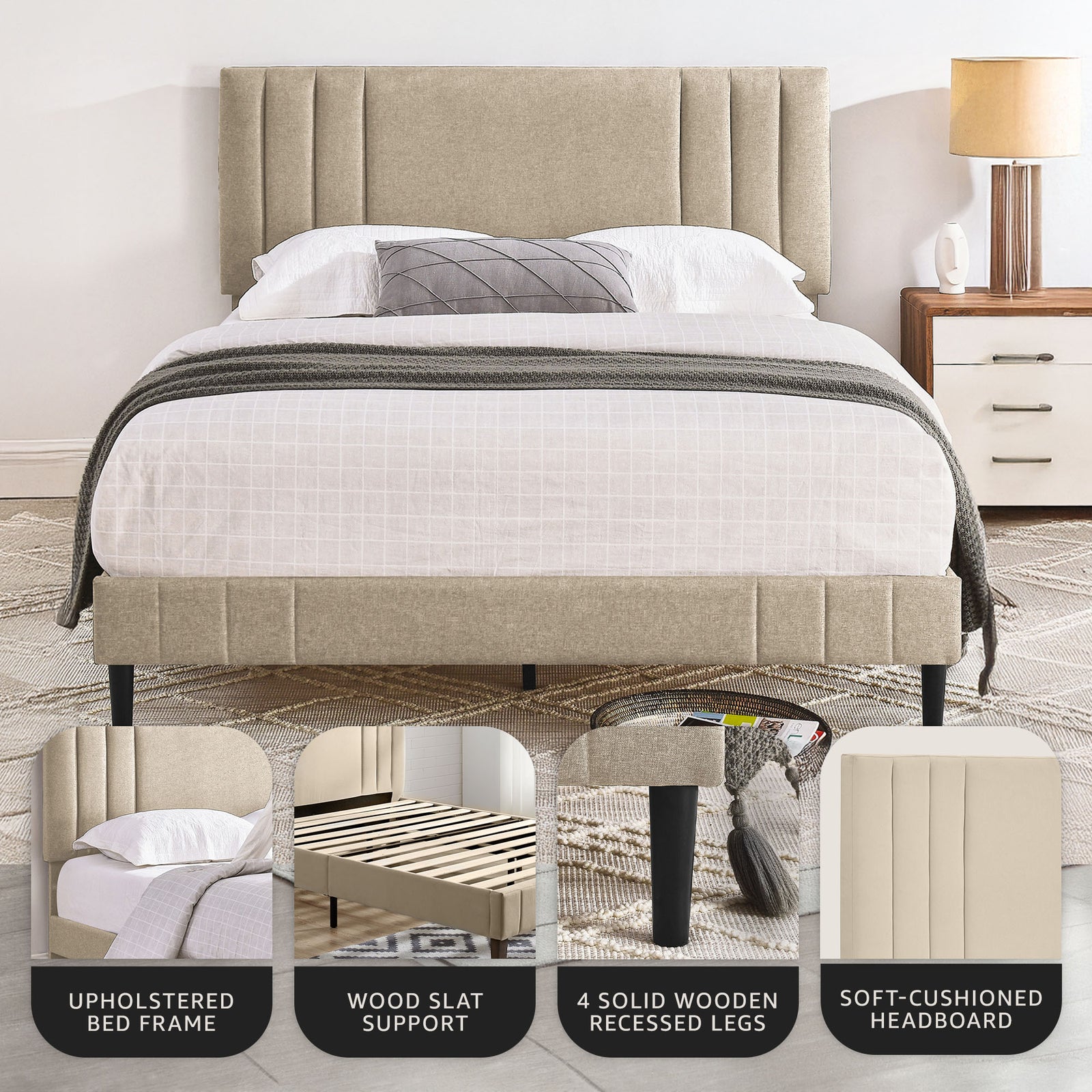DeCoro Chicago Modern Tufted Upholstered Platform Full Size Bed Frame, Linen - VMInnovations