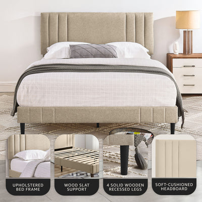 DeCoro Chicago Modern Tufted Upholstered Platform Full Size Bed Frame, Linen - VMInnovations