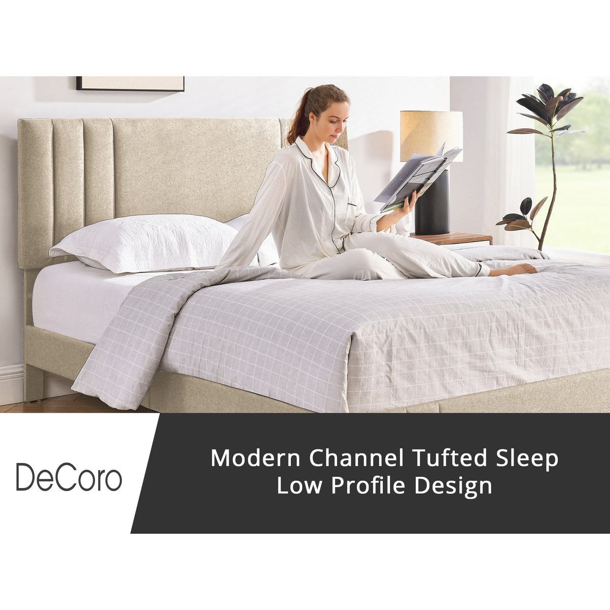 DeCoro Chicago Modern Tufted Upholstered Platform Queen Size Bed, Linen