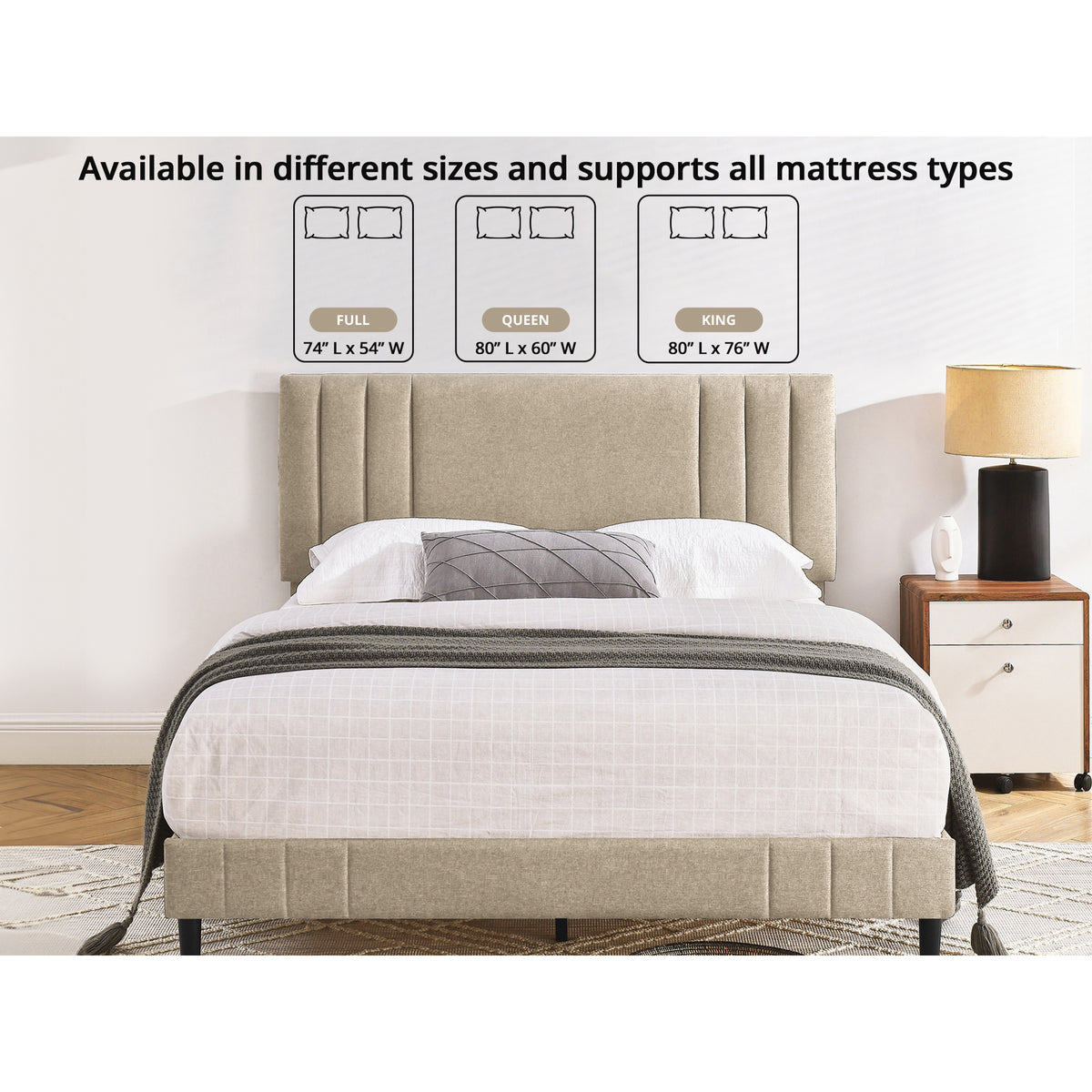 DeCoro Chicago Modern Tufted Upholstered Platform King Size Bed Frame, Linen