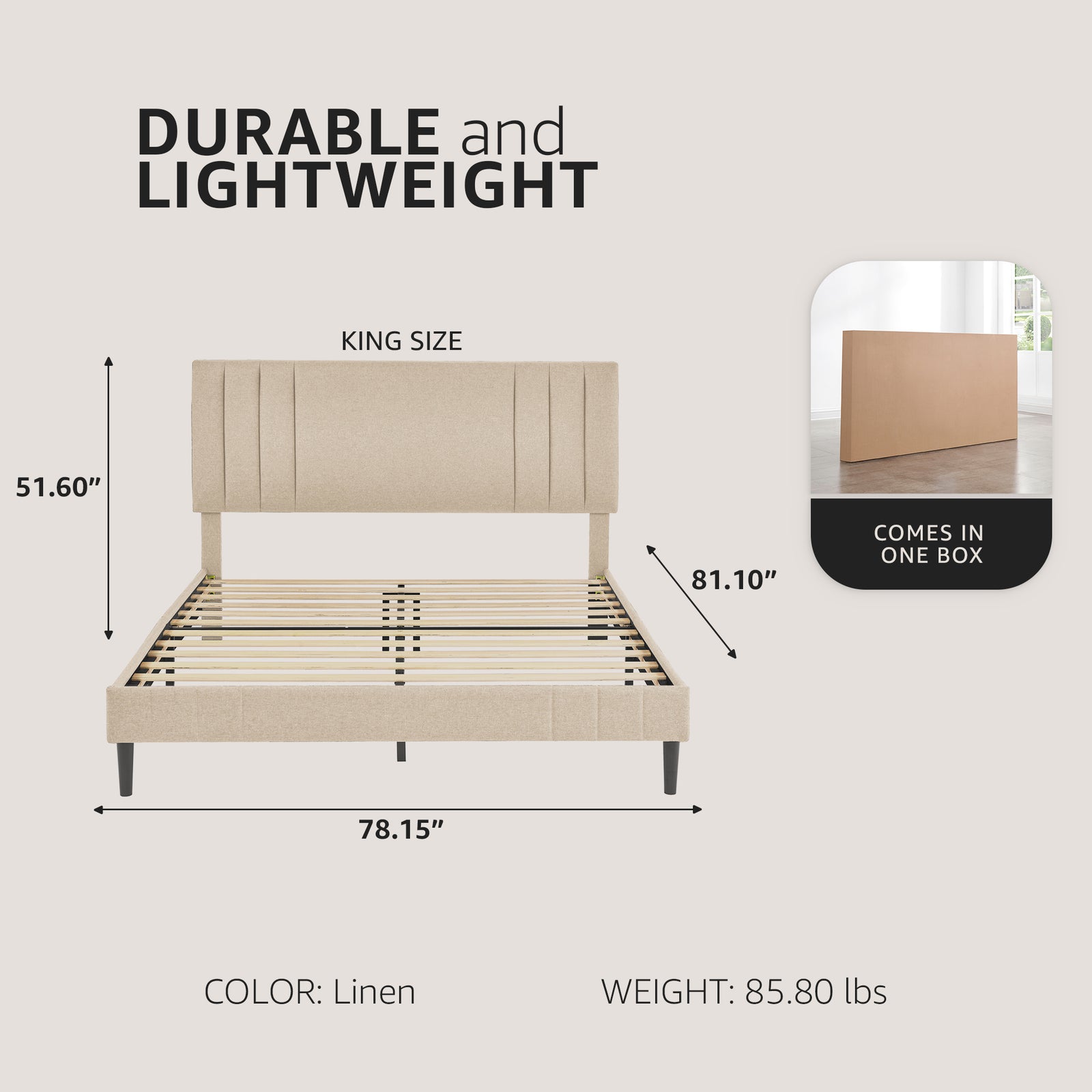DeCoro Chicago Modern Tufted Upholstered Platform King Size Bed Frame, Linen - VMInnovations