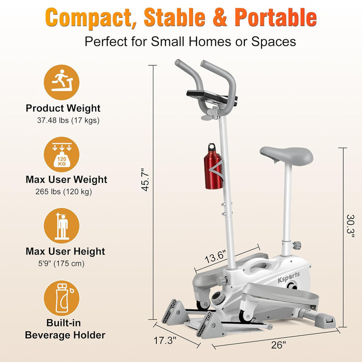 Ksports Mini Elliptical Machine with Seat, 3-Level Incline, & LED Display, White - VMInnovations