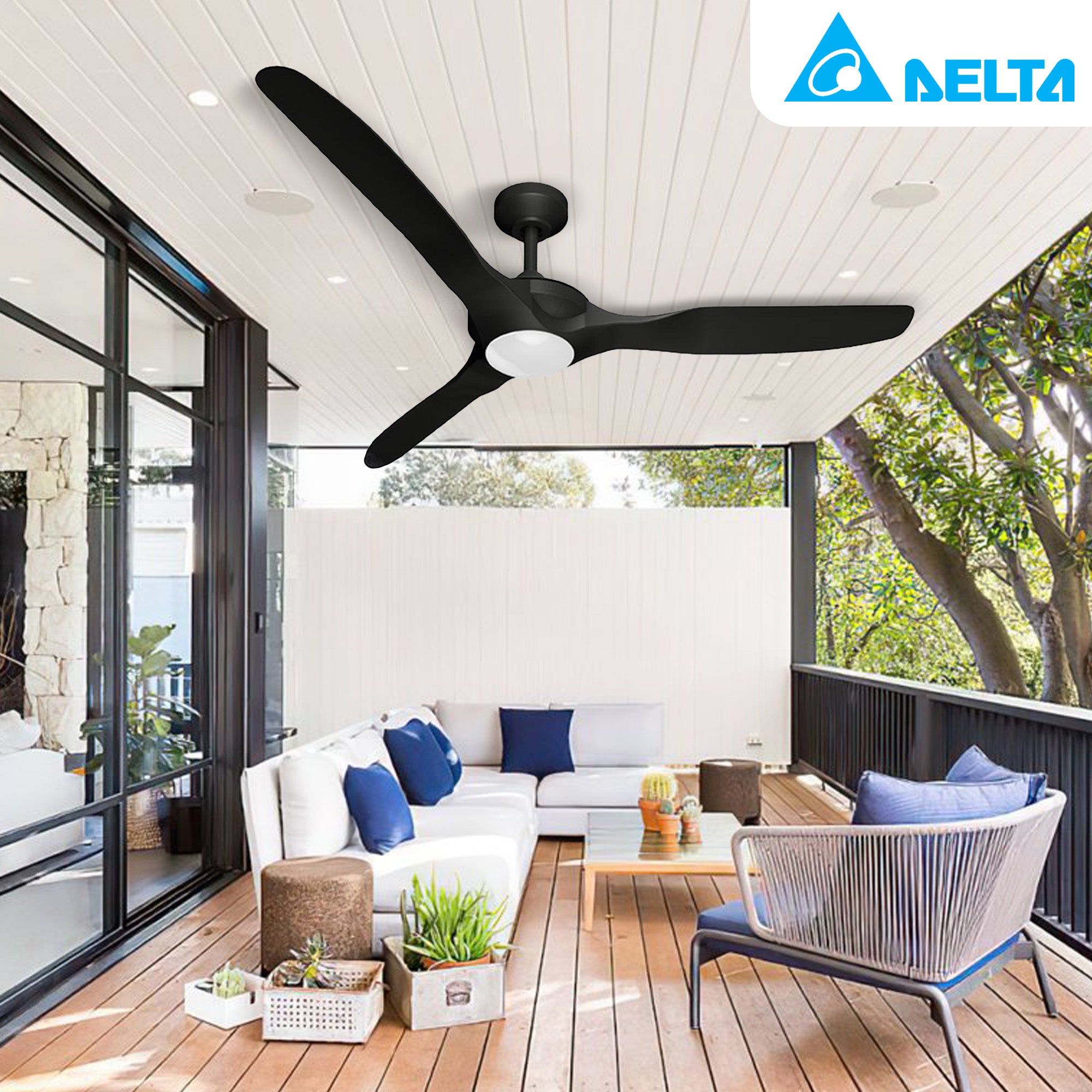 Delta Breez 52" Ceiling Fan with LED, Remote, Indoor/Outdoor, Benicia, Black - VMInnovations