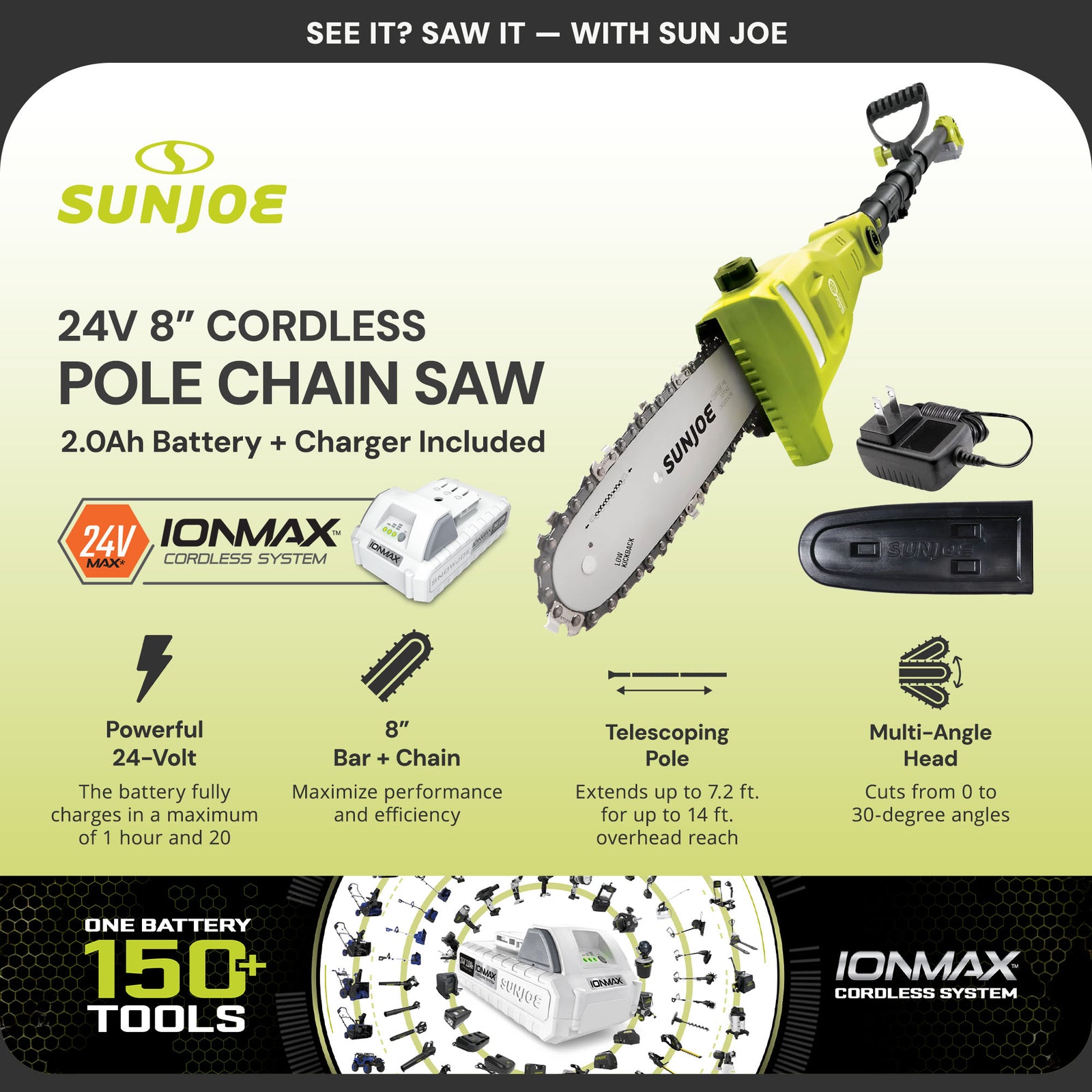 Sun Joe 24V Cordless Pole Chainsaw Electric Telescope Tree Trimmer, 24V-PS8-LTE - VMInnovations