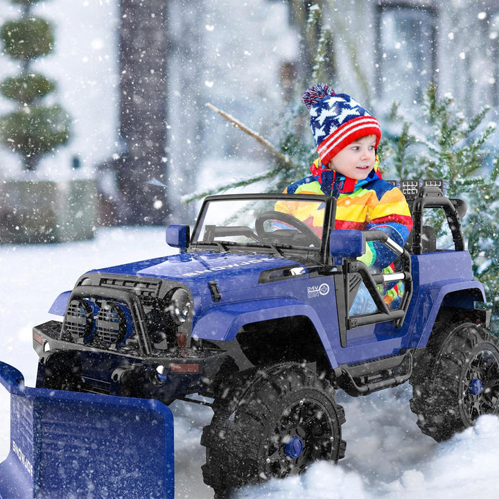 Snow Joe 24 Volt Ride On Car Toy with Snow Plow Scoop and Parental Remote, Blue