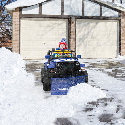 Snow Joe 24 Volt Ride On Car Toy with Snow Plow Scoop and Parental Remote, Blue