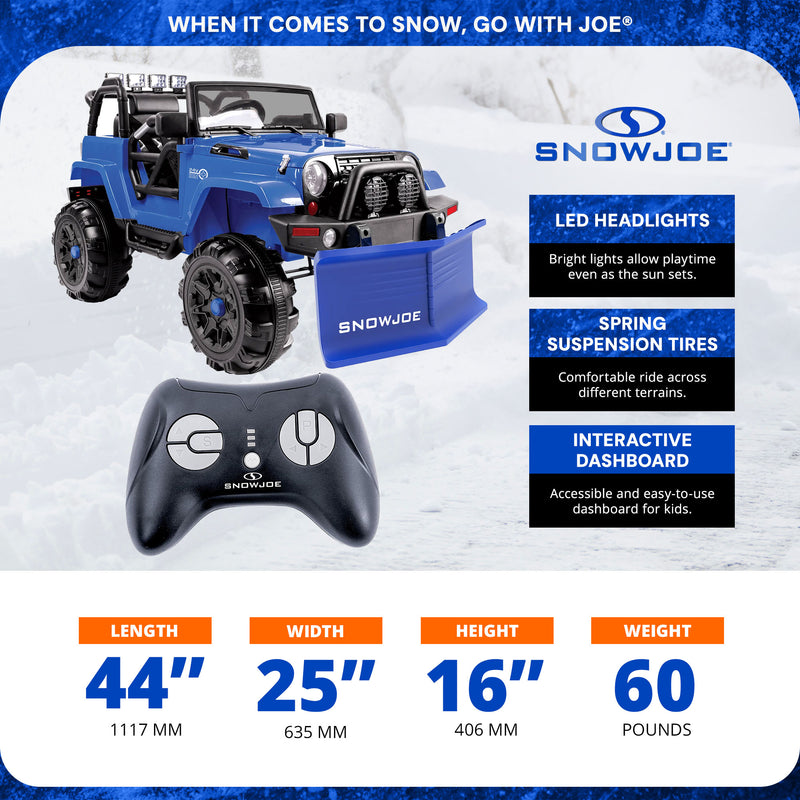 Snow Joe 24 Volt Ride On Car Toy with Snow Plow Scoop and Parental Remote, Blue