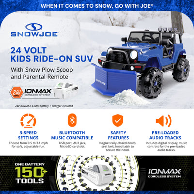 Snow Joe 24 Volt Ride On Car Toy w/Snow Plow Scoop & Parental Remote, Blue(Used) - VMInnovations