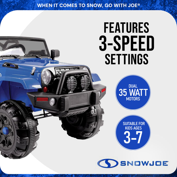 Snow Joe 24 Volt Ride On Car Toy with Snow Plow Scoop and Parental Remote, Blue