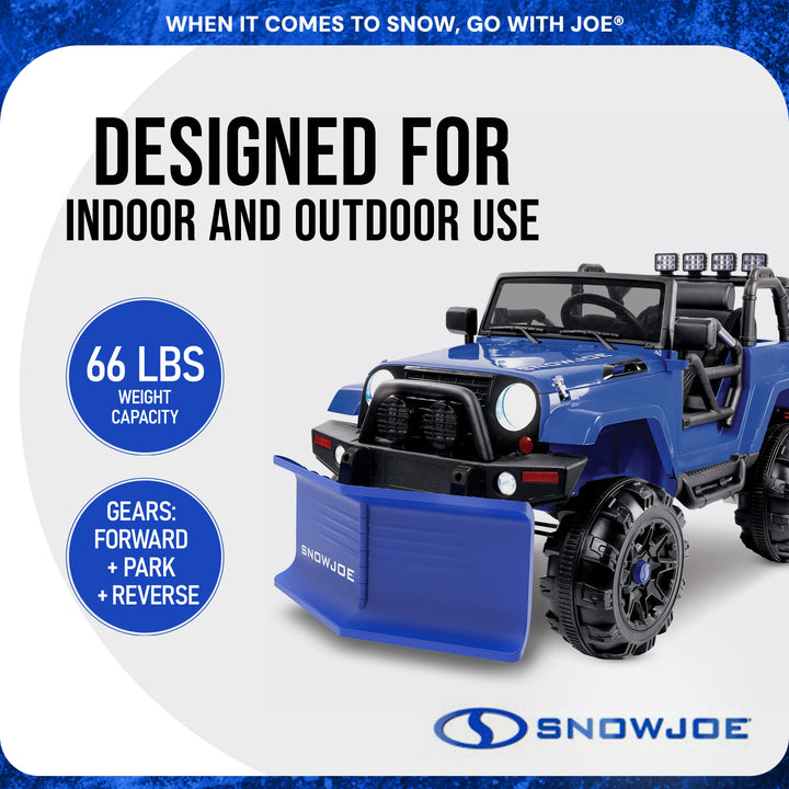 Snow Joe 24 Volt Ride On Car Toy with Snow Plow Scoop and Parental Remote, Blue