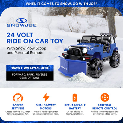 Snow Joe 24 Volt Ride On Car Toy with Snow Plow Scoop and Parental Remote, Blue