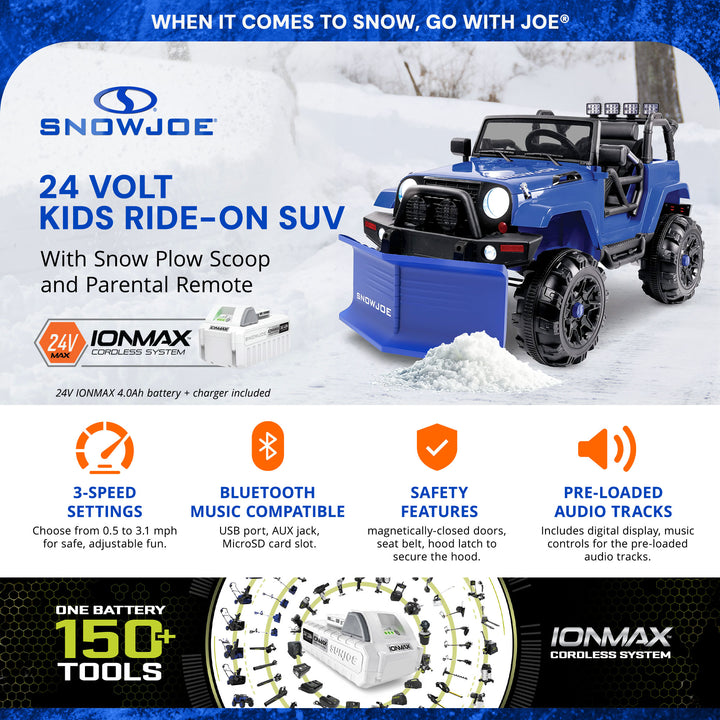 Snow Joe 24 Volt Ride On Car w/Snow Plow Scoop & Parental Remote, Blue(Open Box)