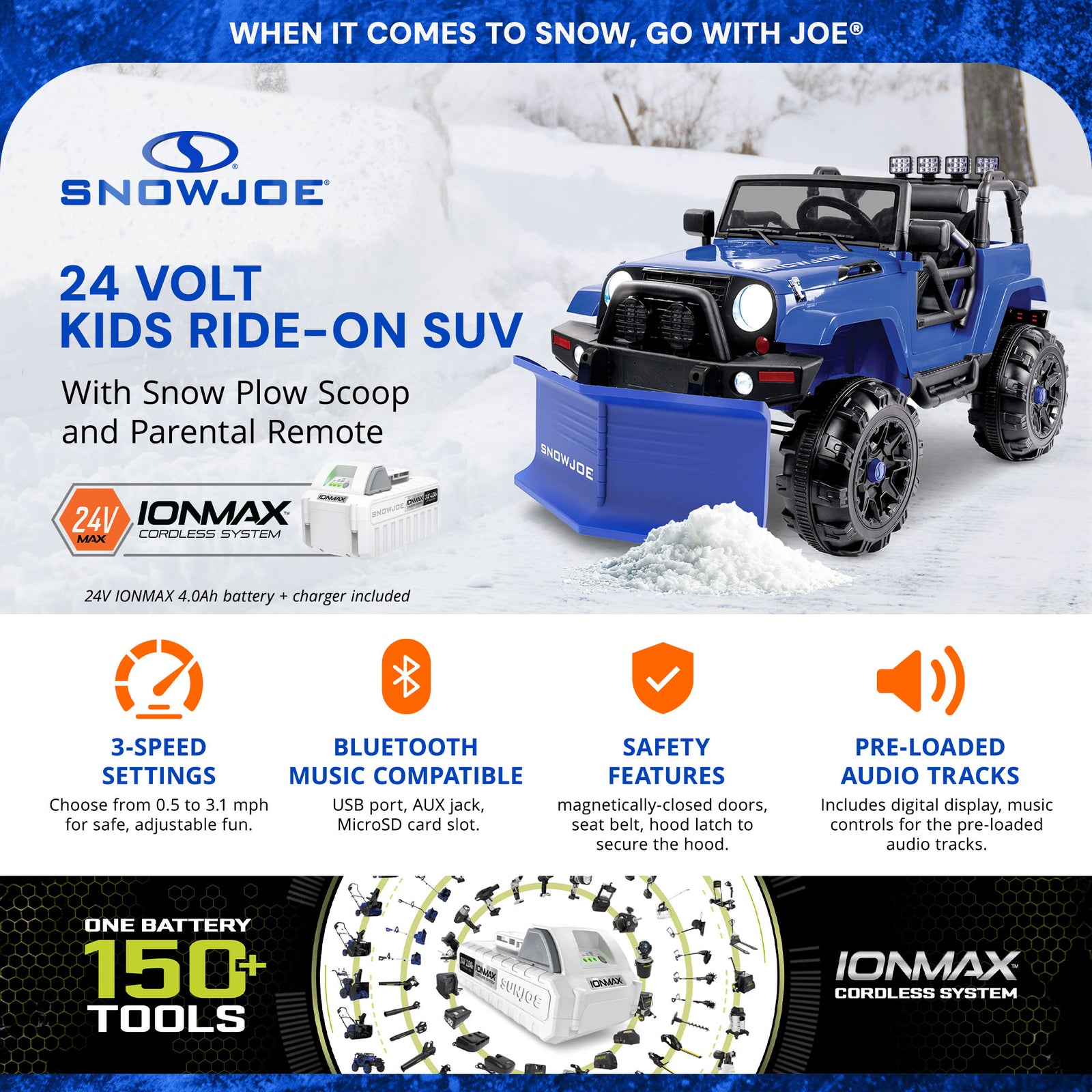 Snow Joe 24 Volt Ride On Car Toy w/Snow Plow Scoop & Parental Remote, Blue(Used) - VMInnovations