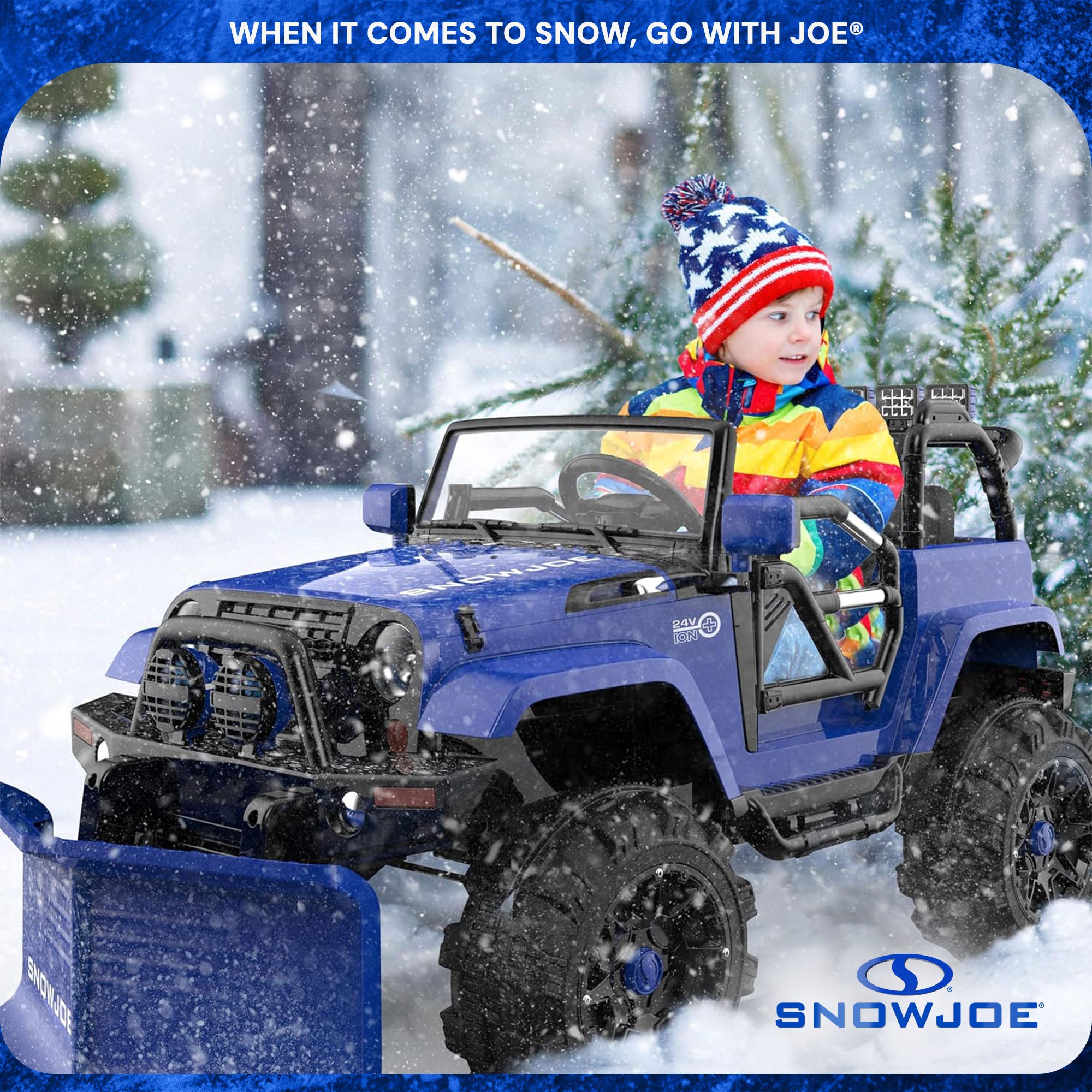 Snow Joe 24 Volt Ride On Car w/Snow Plow Scoop & Parental Remote, Blue(Open Box) - VMInnovations