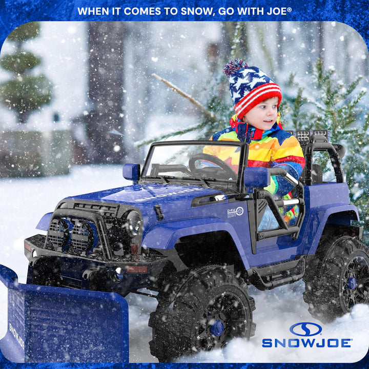 Snow Joe 24 Volt Ride On Car Toy with Snow Plow Scoop and Parental Remote, Blue