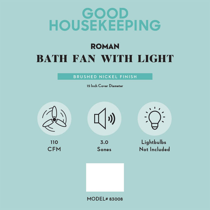 Good Housekeeping Roman Bathroom Ventilation Fan with Light, Nickel (Open Box)