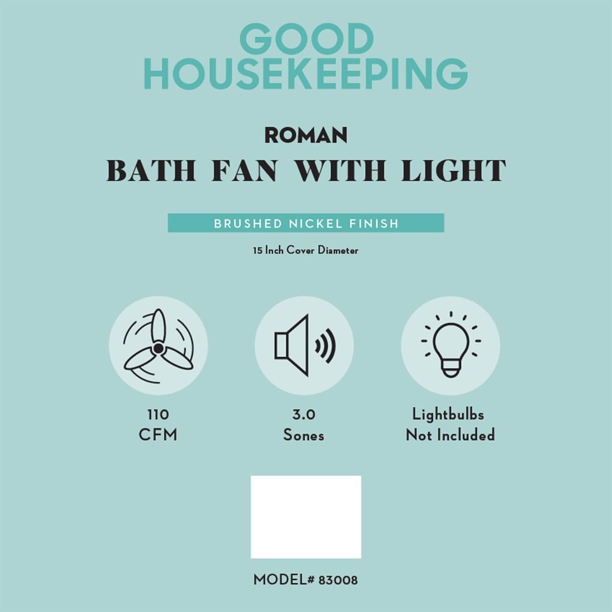 Good Housekeeping Roman Bathroom Ventilation Fan with Light, Nickel (Open Box) - VMInnovations
