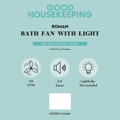 Good Housekeeping Roman Bathroom Ventilation Fan with Light, Nickel (Open Box) - VMInnovations