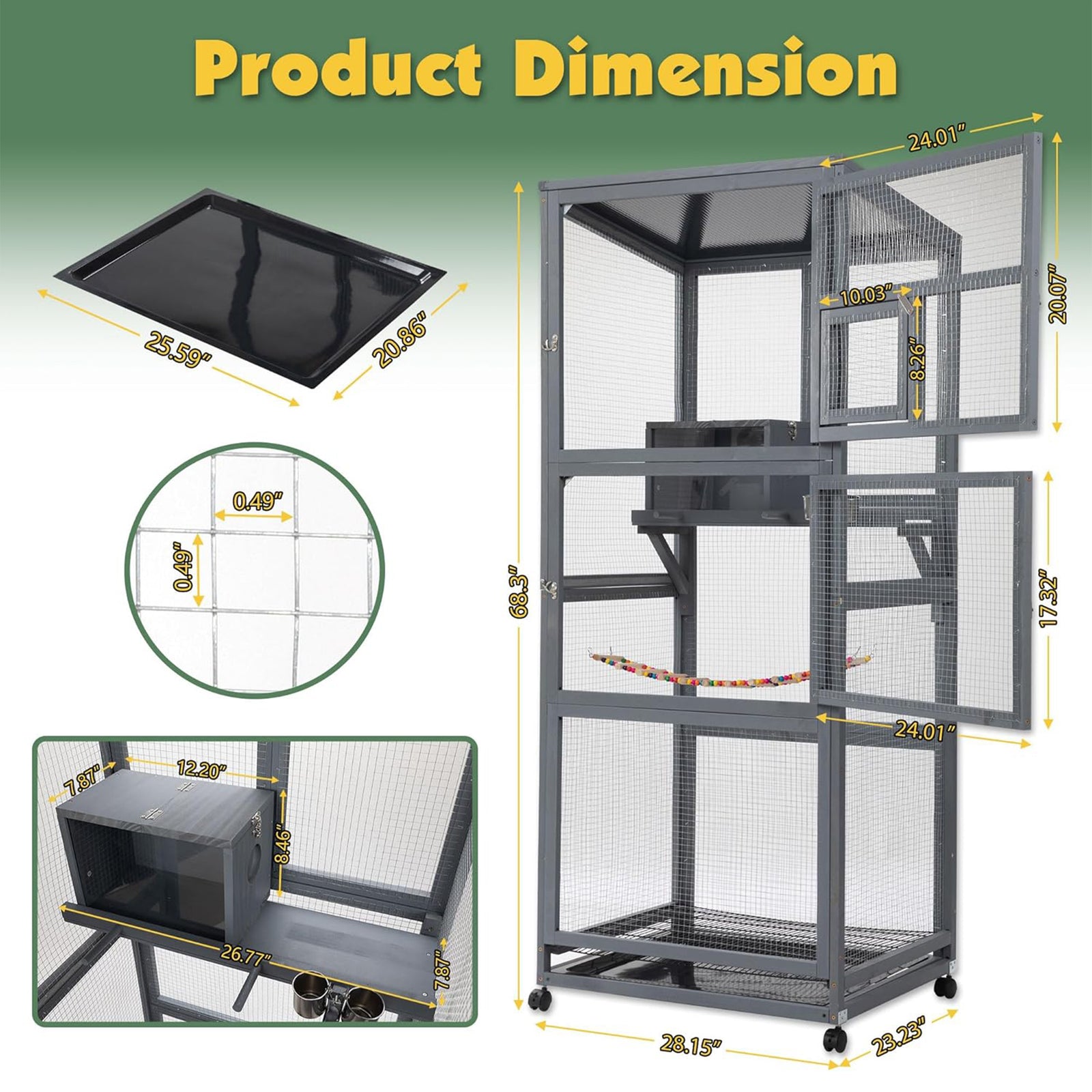 COZIWOW 68" H Large Wooden Bird Cage on Wheels, Outdoor Aviary Indoor Birdcage - VMInnovations