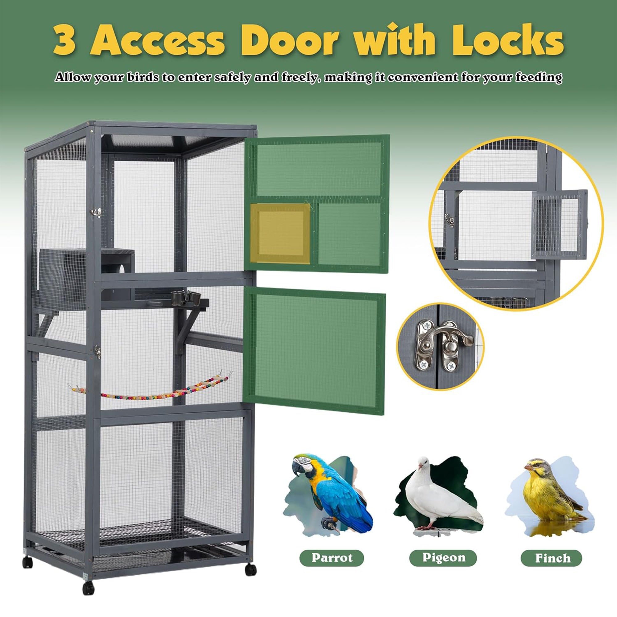 COZIWOW 68" H Large Wooden Bird Cage on Wheels, Outdoor Aviary Indoor Birdcage - VMInnovations