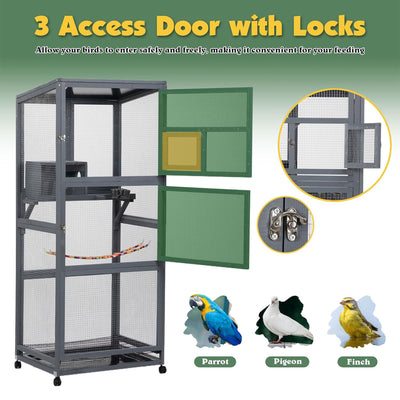 COZIWOW 68" H Large Wooden Bird Cage on Wheels, Outdoor Aviary Indoor Birdcage - VMInnovations