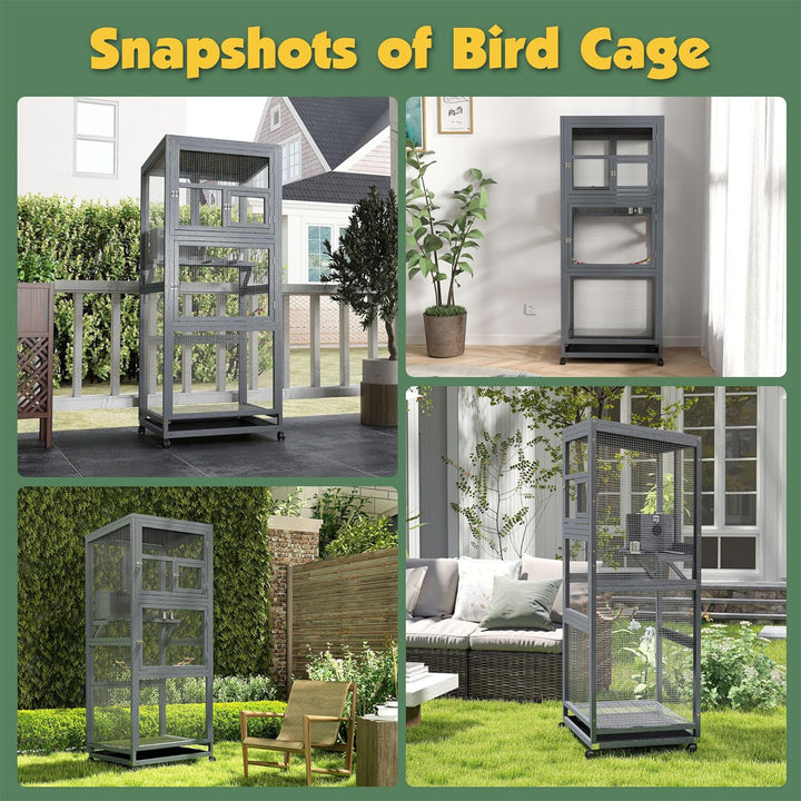 COZIWOW 68" H Large Wooden Bird Cage on Wheels, Outdoor Aviary Indoor Birdcage