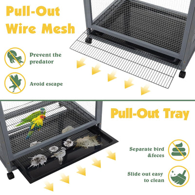 COZIWOW 68" H Large Wooden Bird Cage on Wheels, Outdoor Aviary Indoor Birdcage - VMInnovations