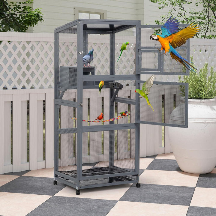 COZIWOW 68" H Large Wooden Bird Cage on Wheels, Outdoor Aviary Indoor Birdcage