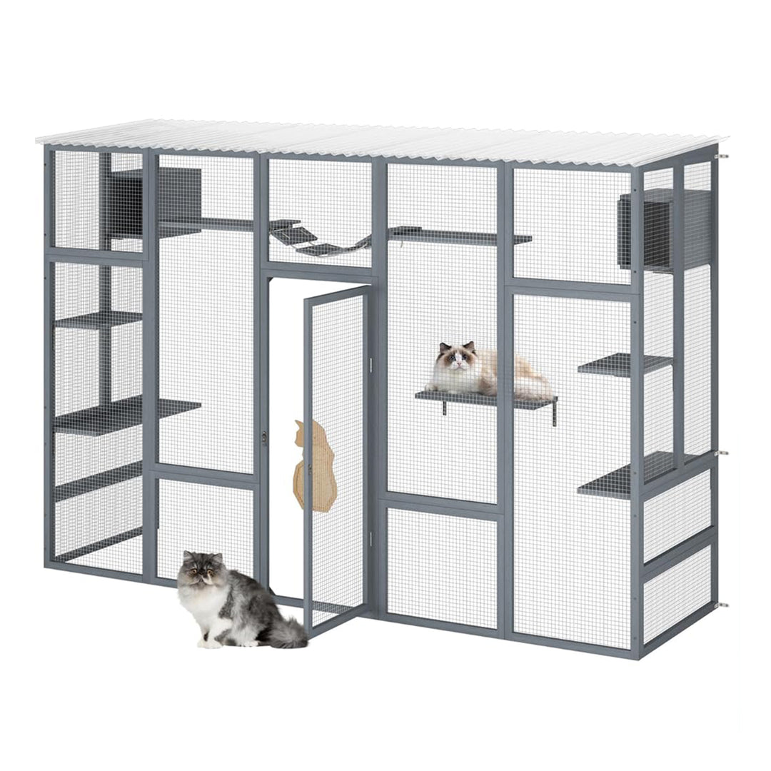 COZIWOW Outdoor Cat Catio w/ Window Access, Weatherproof Wooden Enclosure, Grey