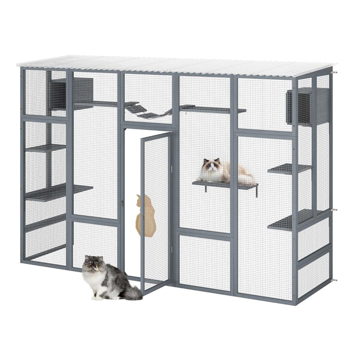 COZIWOW Outdoor Cat Catio w/ Window Access, Weatherproof Wooden Enclosure, Grey