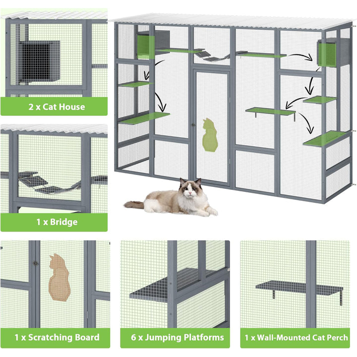 COZIWOW Outdoor Cat Catio w/ Window Access, Weatherproof Wooden Enclosure, Grey