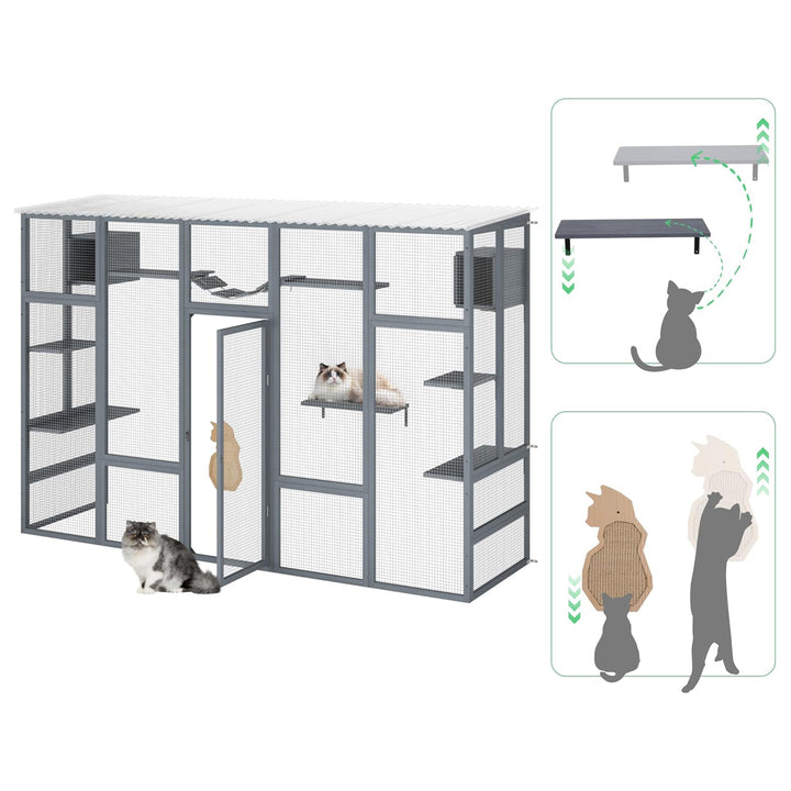 COZIWOW Outdoor Cat Catio w/ Window Access, Weatherproof Wooden Enclosure, Grey