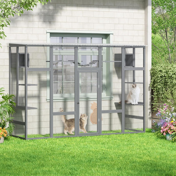 COZIWOW Outdoor Cat Catio w/ Window Access, Weatherproof Wooden Enclosure, Grey